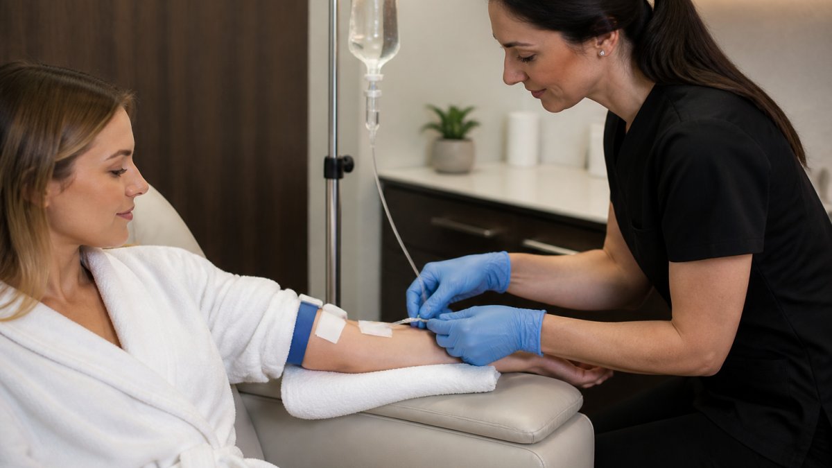 Healthcare provider administering intravenous infusion to patient's arm in clinical setting, showing IV line, drip bag, and medical monitoring equipment in bright, professional medical environment
