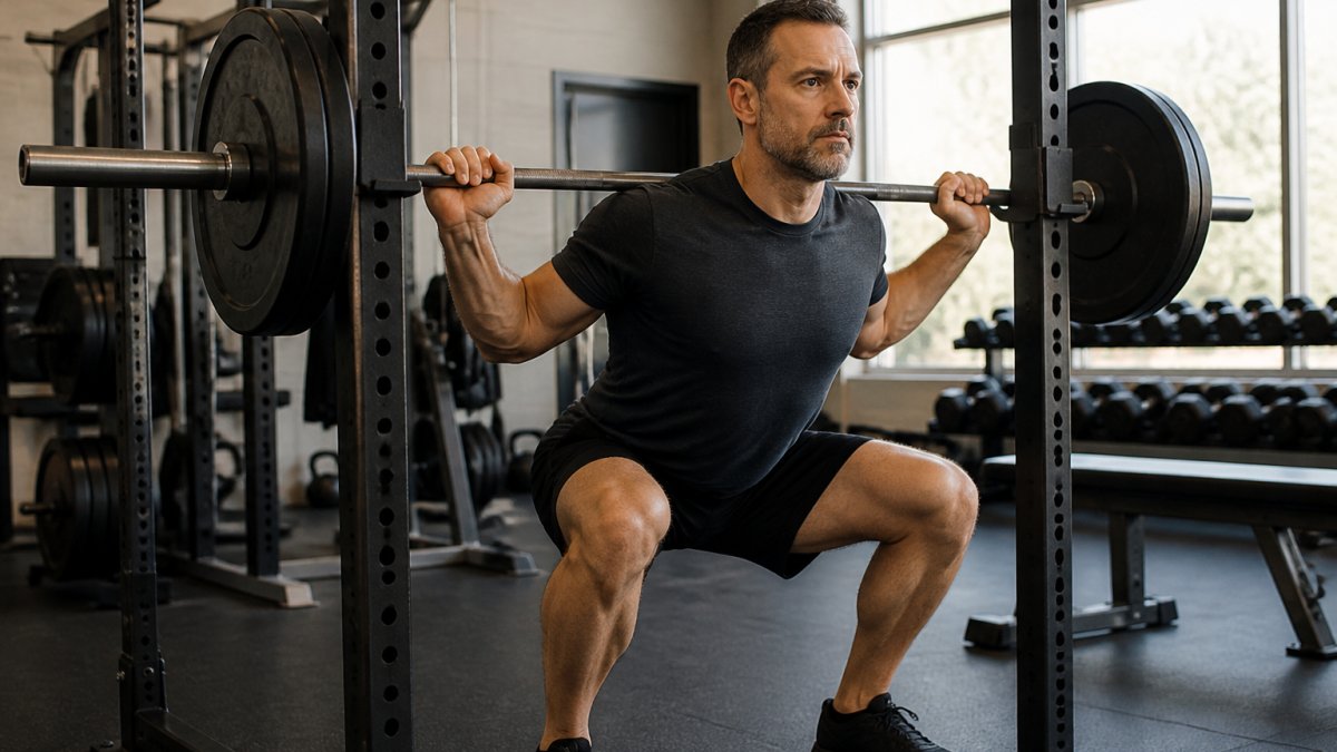 Man in his 40s performing a barbell squat with proper form in a well-lit gym, showing focused intensity and controlled movement