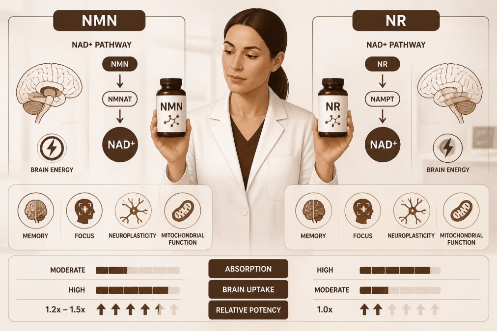 Professional holding NMN and NR supplement bottles side by side in modern clinical setting with natural window lighting, suggesting comparison and evaluation