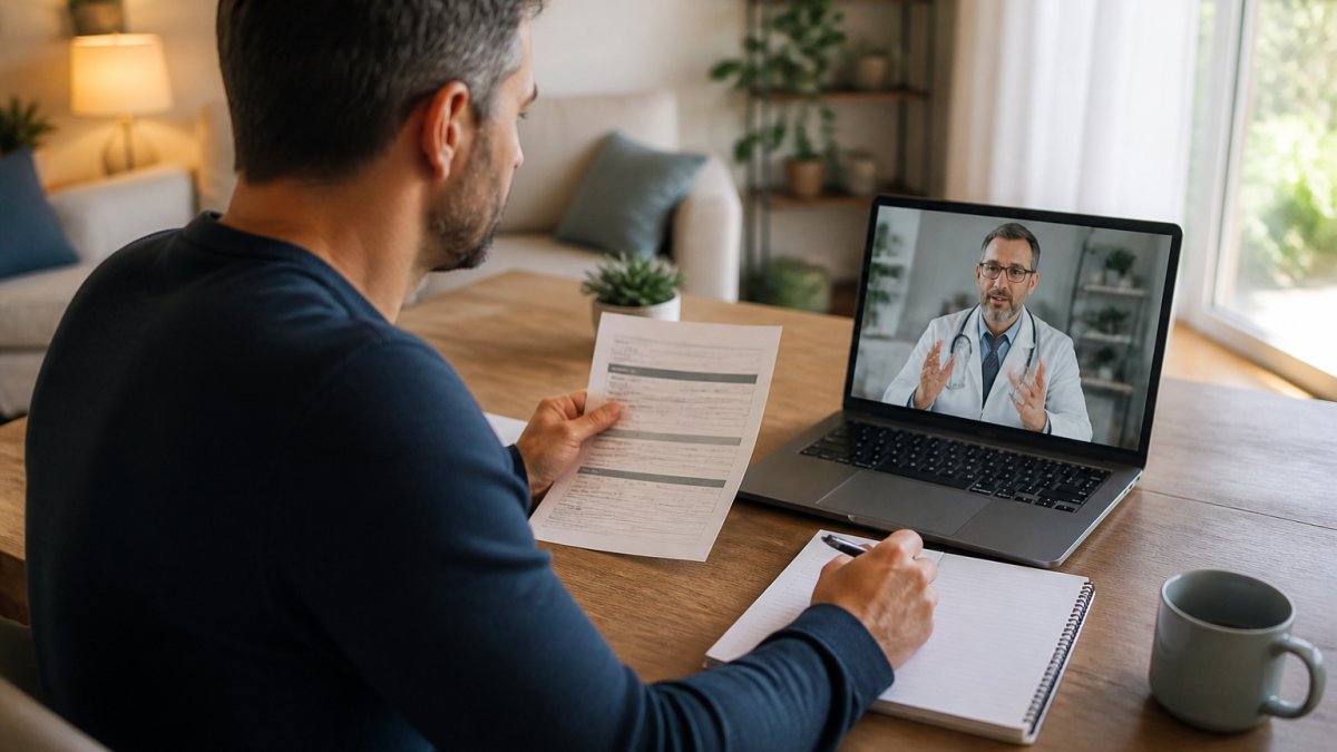 Professional man reviewing medical documents and pricing information on a laptop during a virtual medical consultation with a healthcare provider visible on screen