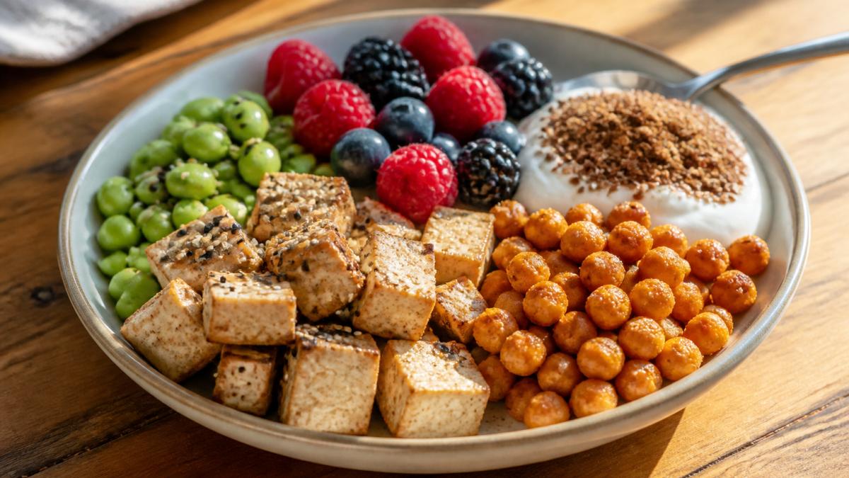 Colorful plate featuring cubed tofu, steamed edamame, fresh mixed berries, ground flaxseed sprinkled over Greek yogurt, roasted chickpeas, and sesame seeds on a wooden table with natural morning light streaming across