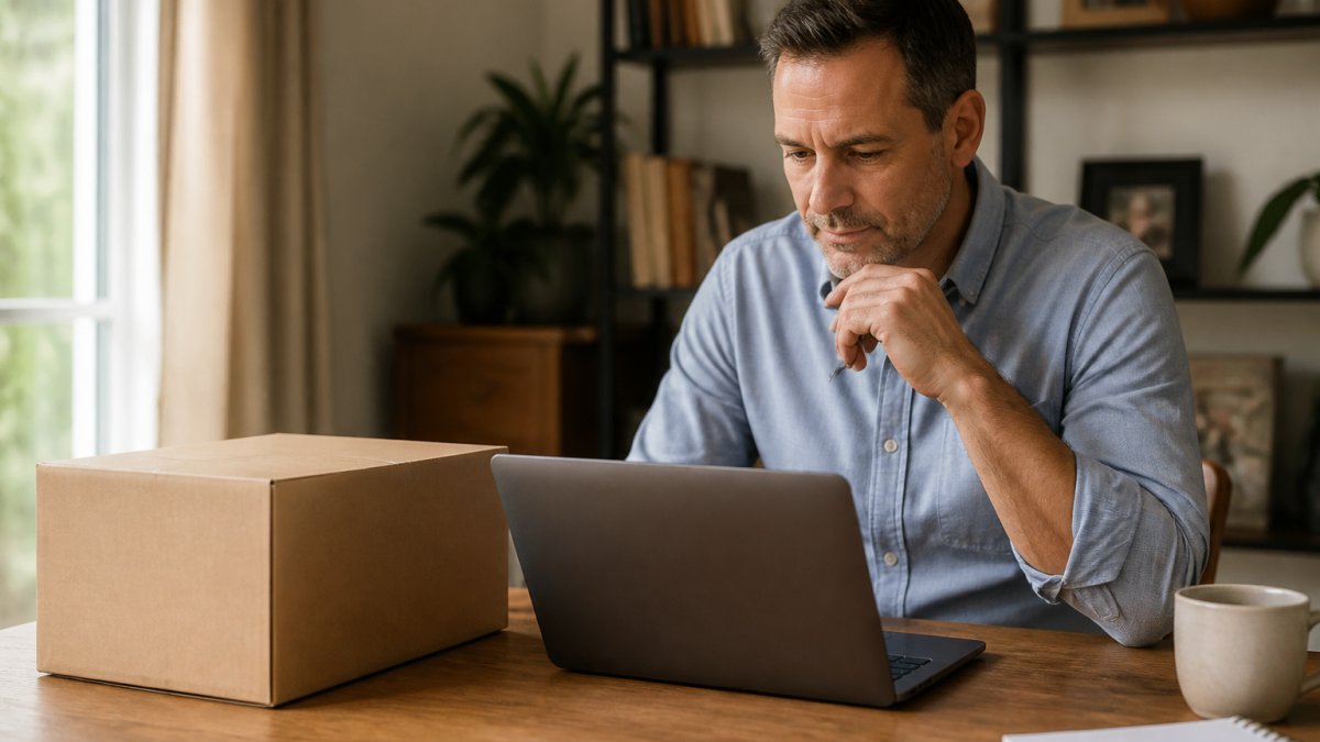 A man in his 40s sitting at a home desk, reviewing a telehealth consultation on a laptop with a plain unmarked delivery box nearby, warm natural light