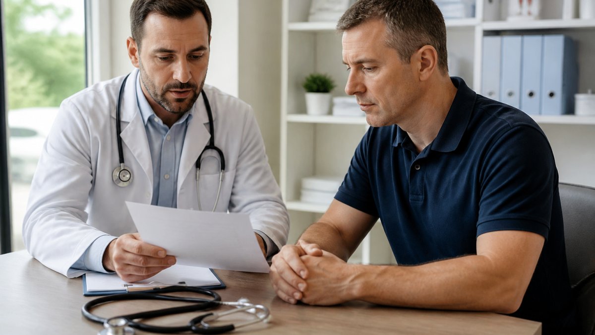 A healthcare provider in a bright clinic office reviewing printed lab results with a patient, both seated at a desk with a stethoscope and clipboard visible