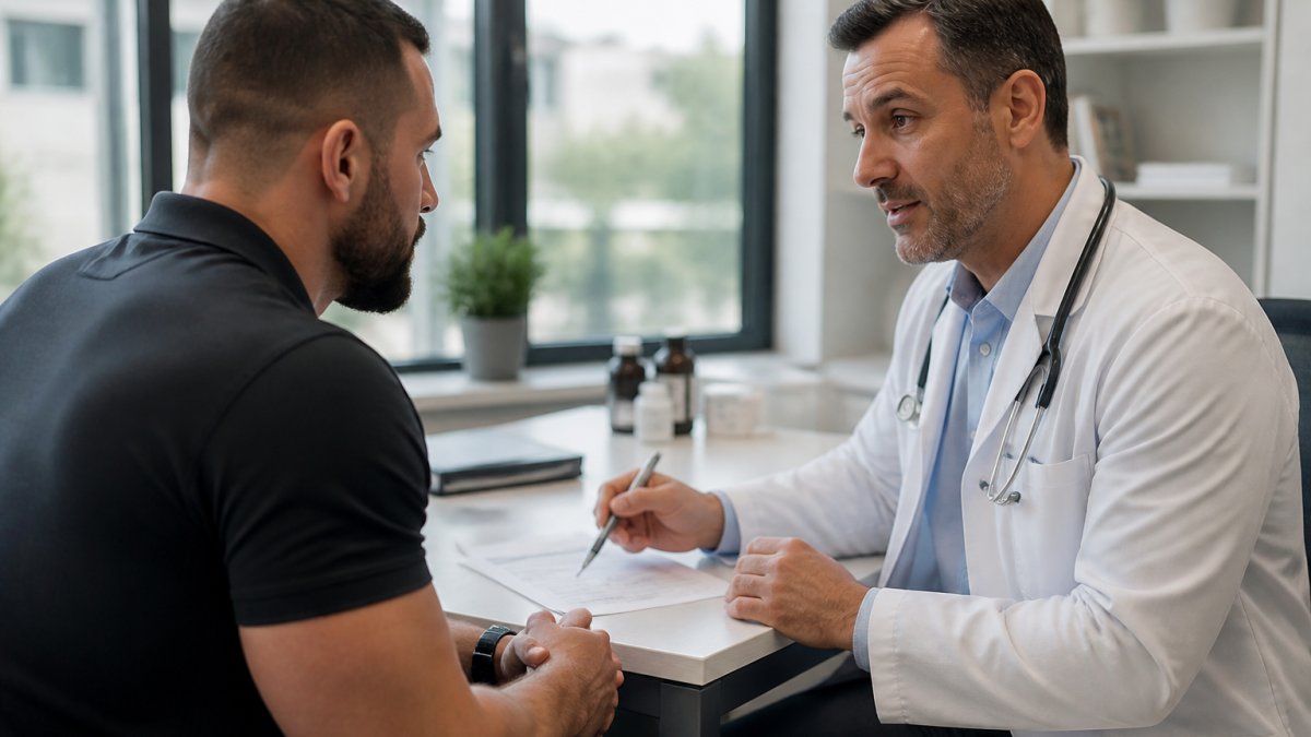 Healthcare provider discussing lab results and testosterone treatment progress with patient in modern clinical consultation room with natural lighting and computer displaying lab values