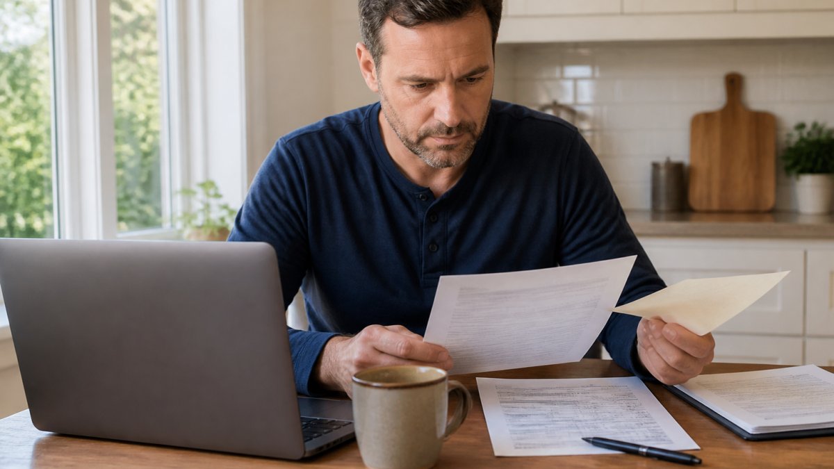 A man in his 40s sitting at a kitchen table with a laptop open, reviewing insurance paperwork and a lab results printout, a pen and coffee mug nearby, natural morning light through a window