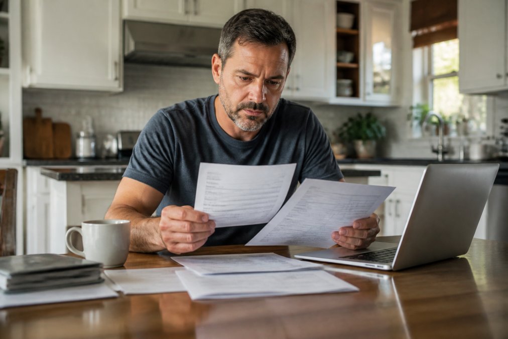 A man in his 40s sitting at a kitchen table reviewing health insurance paperwork and lab results, with a laptop open beside him