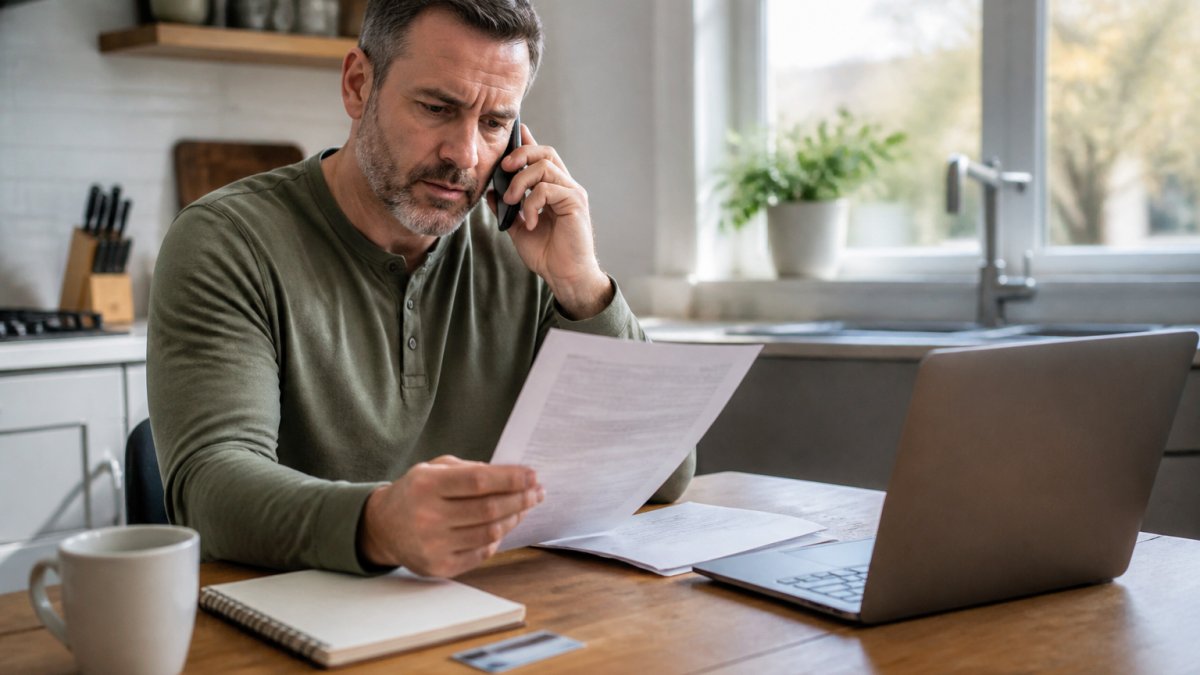 A man in his forties sitting at a kitchen table with a laptop, his insurance card, and a notepad, talking on the phone while reviewing plan documents in soft morning light