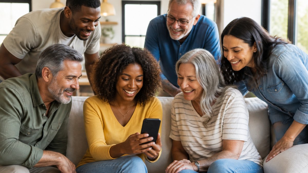 Diverse adults viewing health education on a smartphone while using pop culture to improve health literacy.