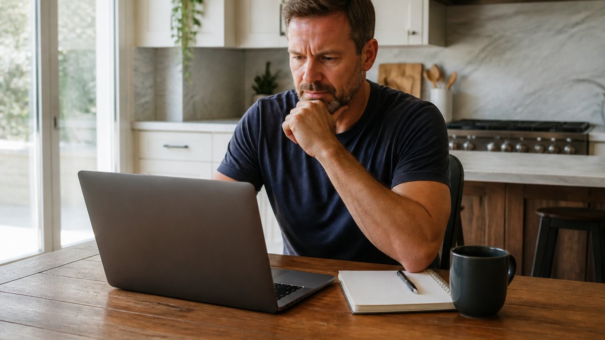 A man in his 40s reviewing a clinic comparison page on a laptop at a kitchen table, notepad and coffee nearby, natural morning light